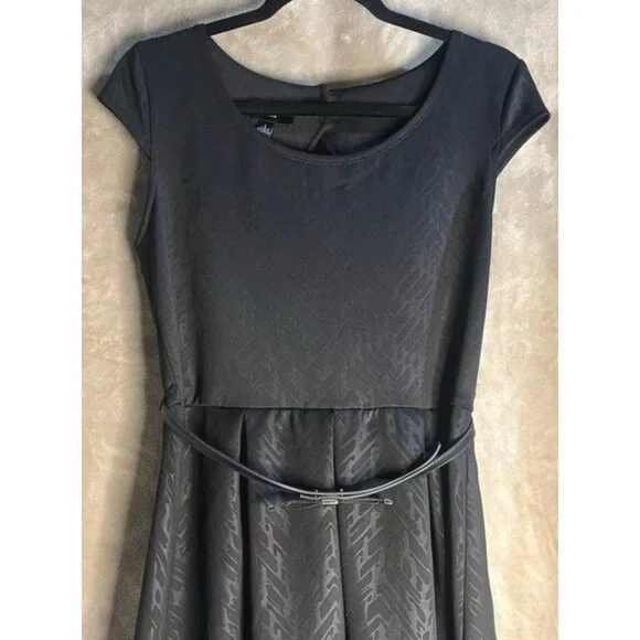 IZ BYER WOMENS VERSATILE BLACK PRINTED SCUBA KNIT SHORT SLEEVE DRESS BELT SIZE L - Picture 1 of 14